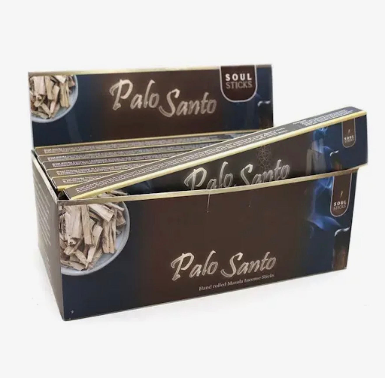 Box of Palo Santo incense sticks with branding on a white background