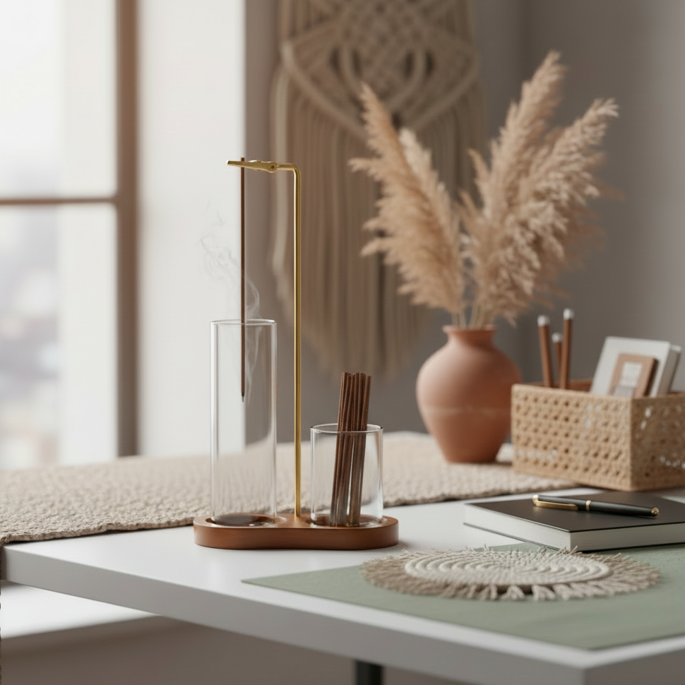 Decorative incense ash catcher setup on a table with plants, books, and stationery in a home office.