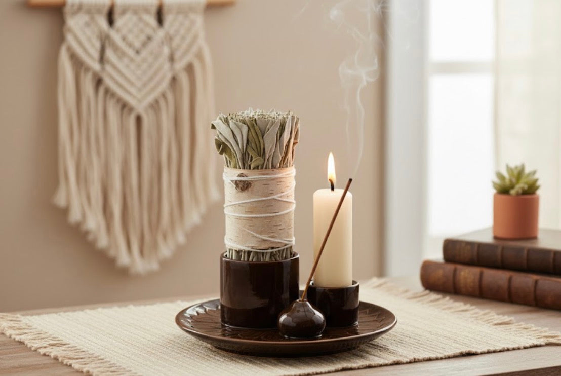 Decorative candle holder with a lit candle on a table, with a macrame wall hanging in the background.