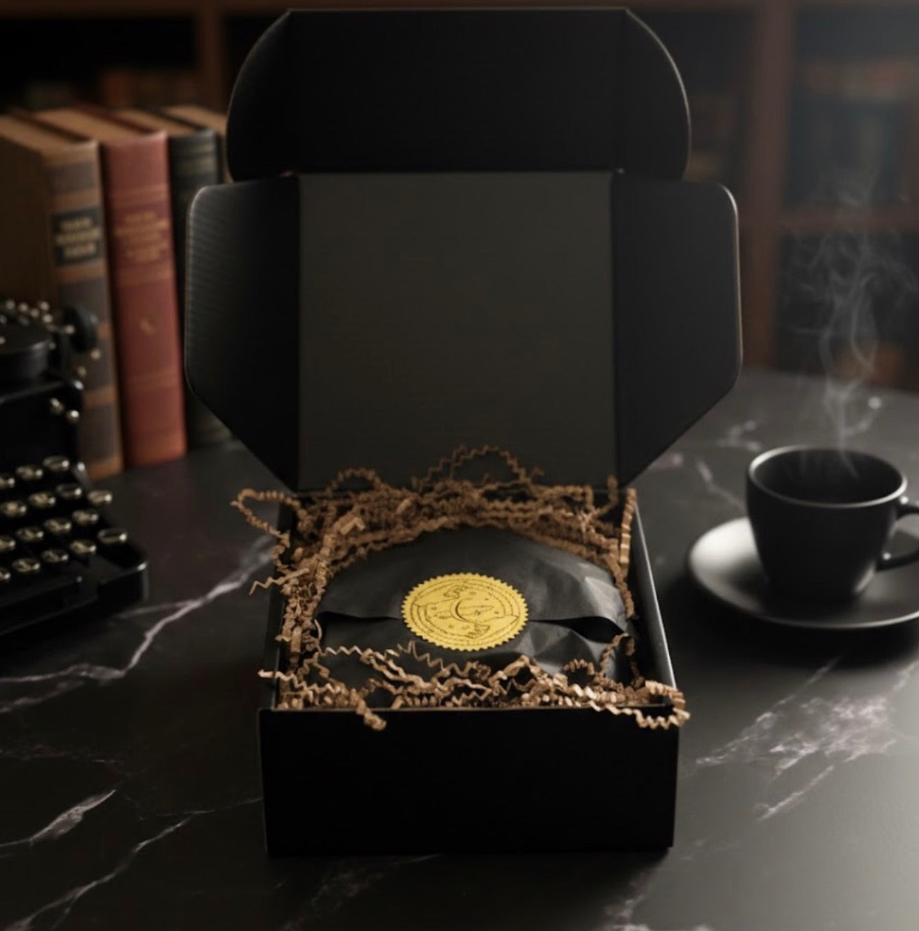 Black box with a gold label on a dark surface with a cup of tea and books in the background