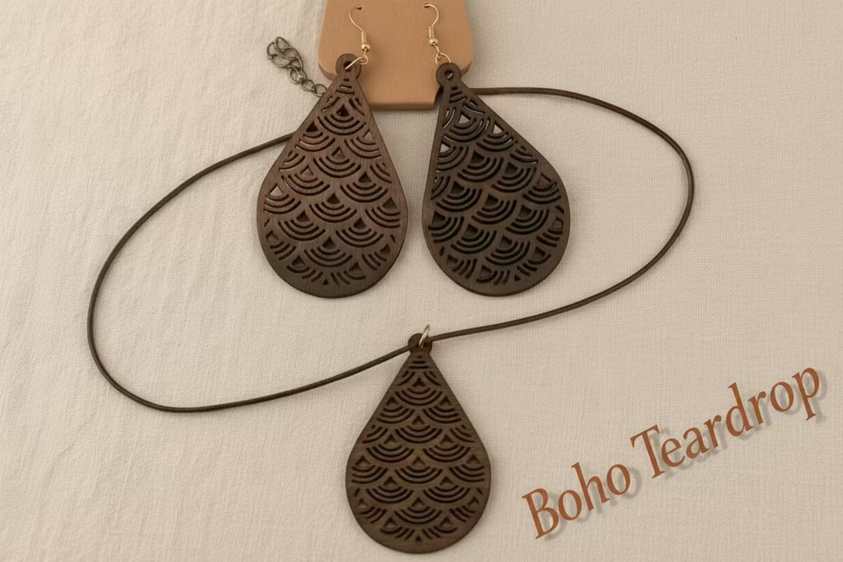Boho Goddess Wooden Earring and Necklace Set - Lightweight Laser Cut Jewelry