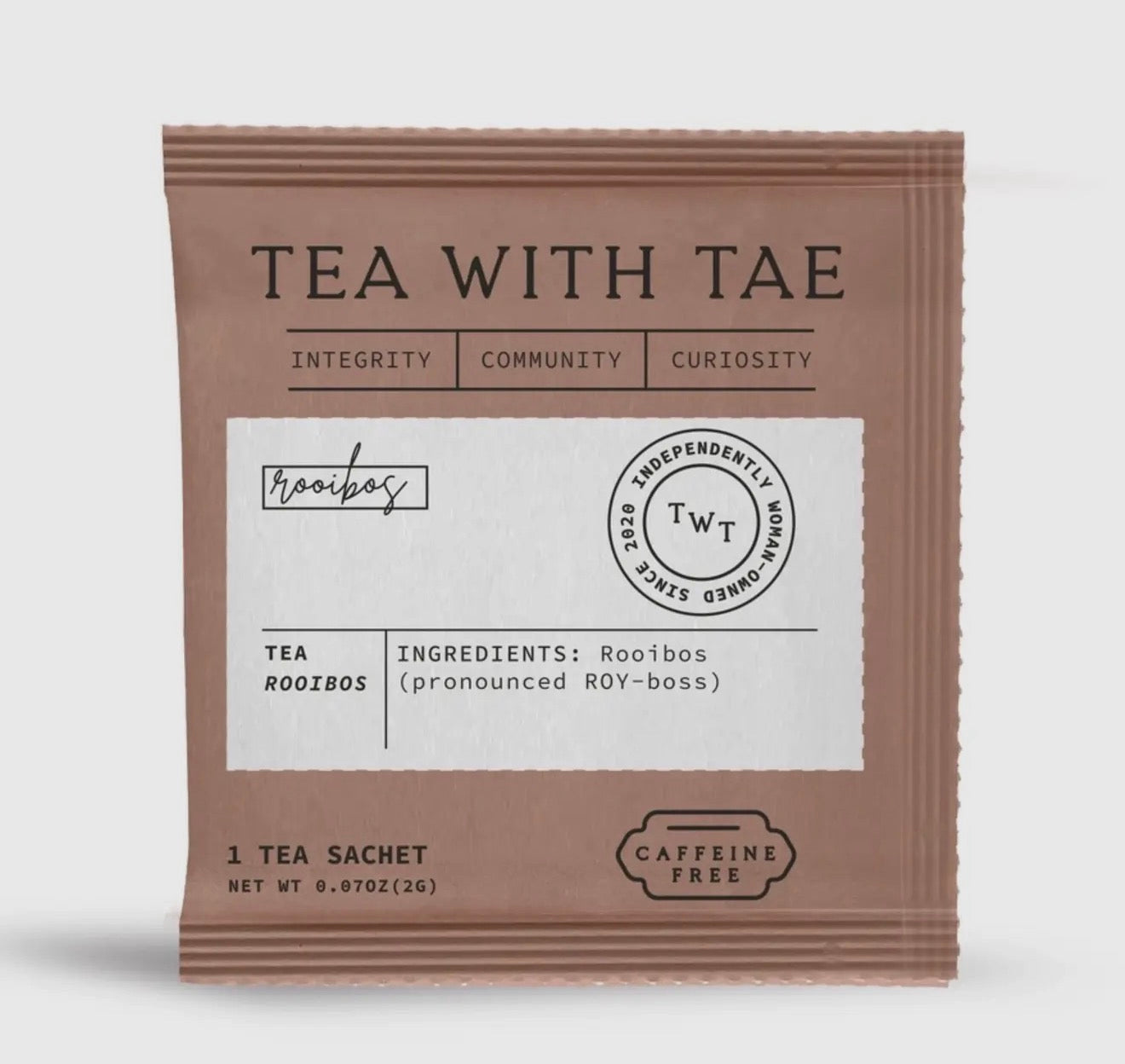 Rooibos Tea package with 'Tea with Tae' branding on a white background