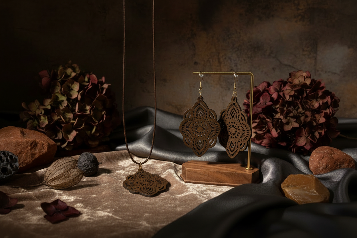 Boho Goddess Wooden Earring and Necklace Set - Lightweight Laser Cut Jewelry