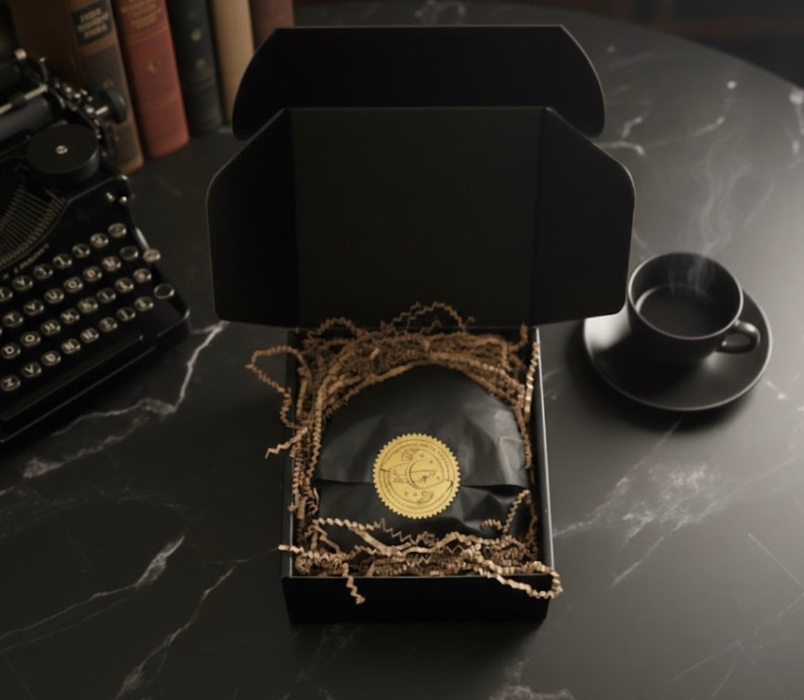 Black box with unisex botanical essential oils and home fragrance decorative paper on a dark surface with a cup and books in the background