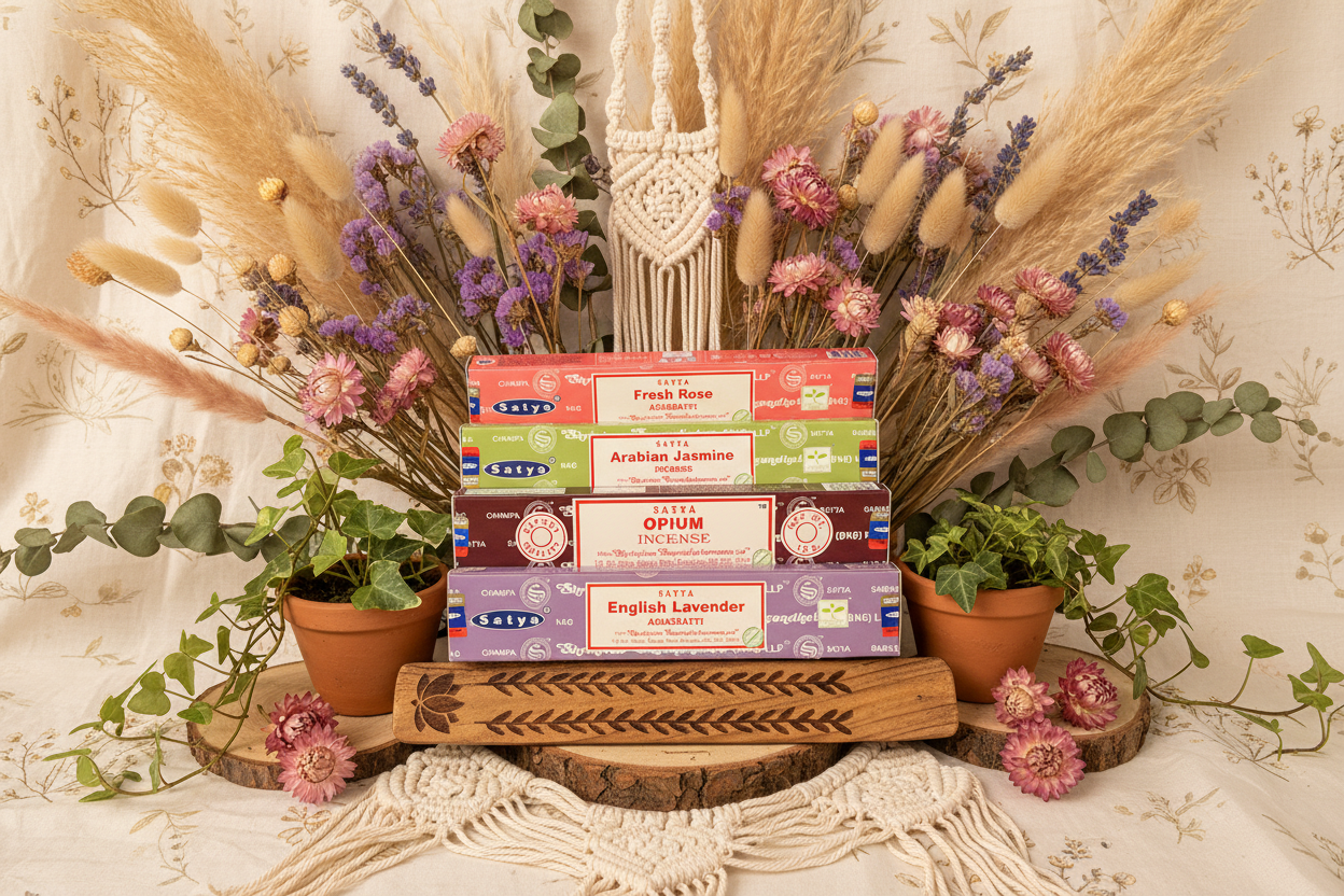 Stack of Satya incense boxes on a decorative table with flowers and plants. Ethereal by Lez. 