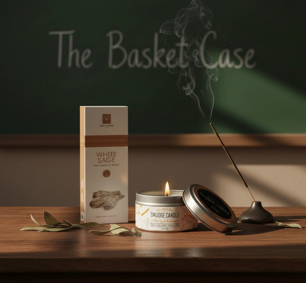 White Sage incense and packaging on a wooden surface with 'The Basket Case' branding.