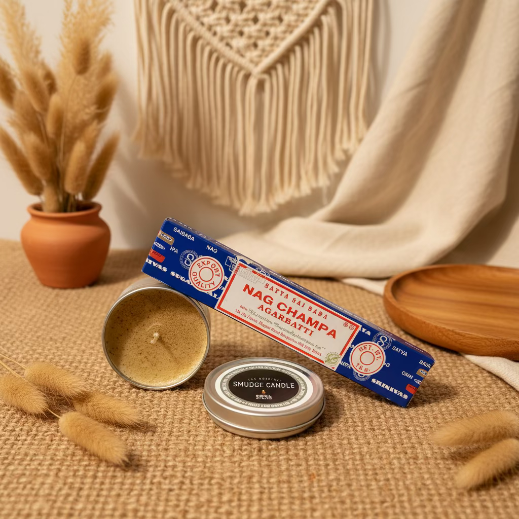 Nag Champa incense stick box with a candle on a textured surface with decorative elements.