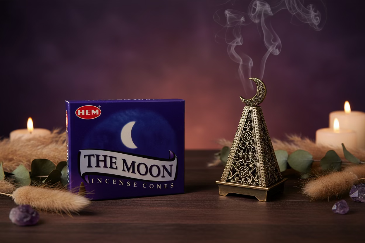 HEM The Moon incense cones packaging with a decorative antique bronze incense cone holder on a boho background 