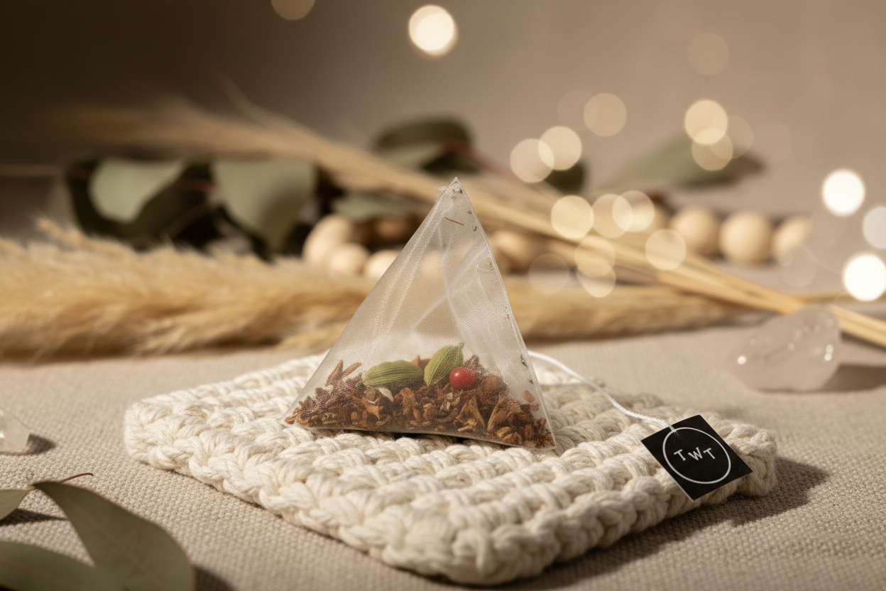 Pyramid-shaped tea bag with herbs on a woven mat with a blurred natural background