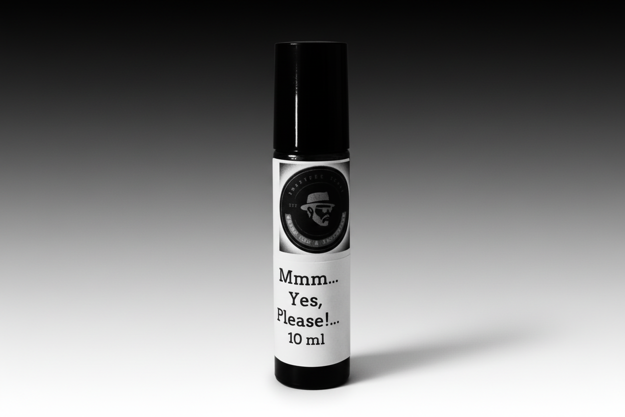 Men’s cologne essential oil with a label on a gradient background