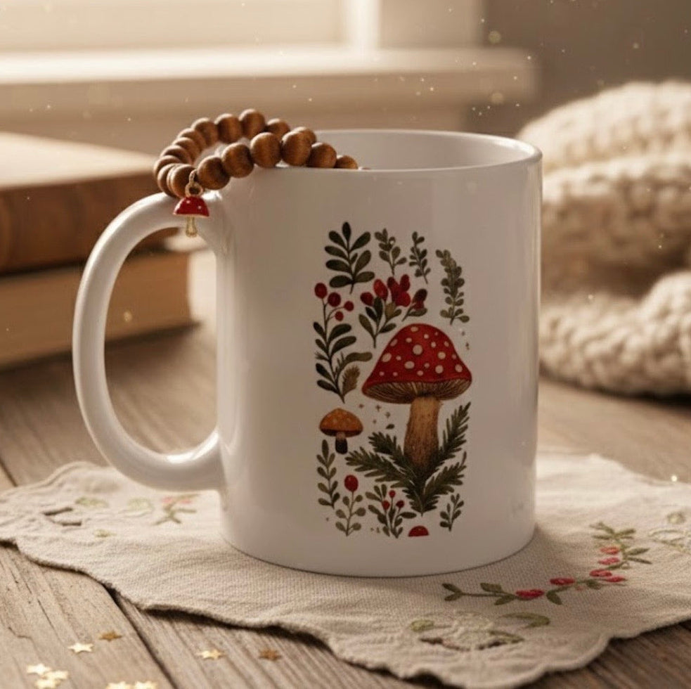 White mug with mushroom design on a wooden table with sandalwood charm bracelet 