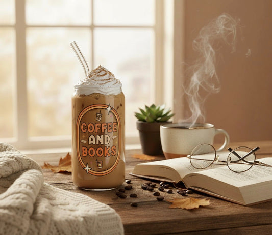 Iced Coffee with 'Coffee and Books' label on a wooden table with coffee beans, an open book, and glasses.