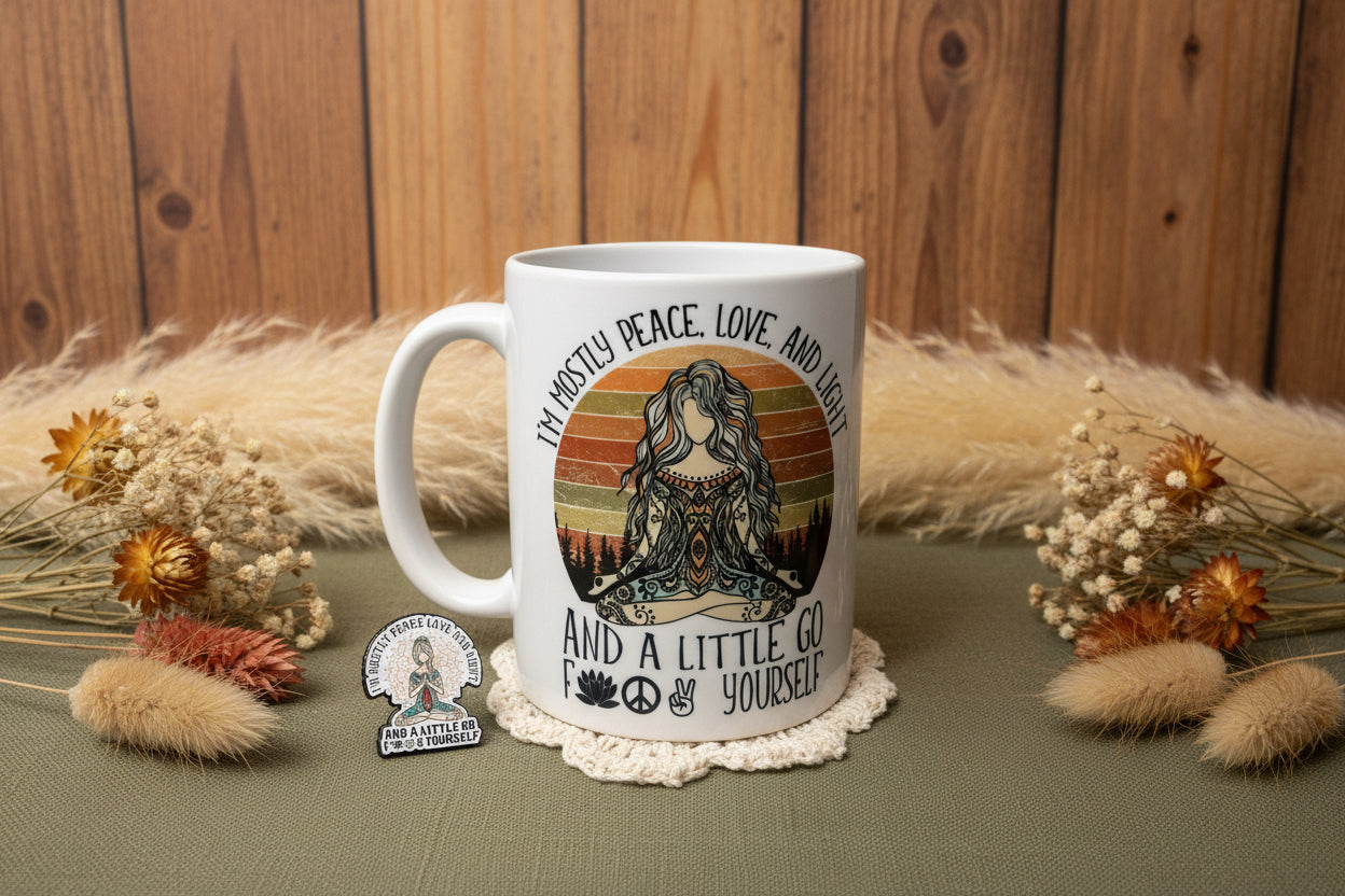 Mug with a design of a yoga woman, text 'I'm mostly peace, love, and light and a little go F yourself' on a beige background.