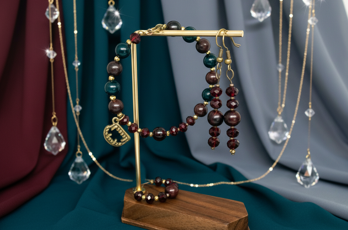 Jewelry set including necklaces, bracelets, and earrings on a stand with a draped fabric background.