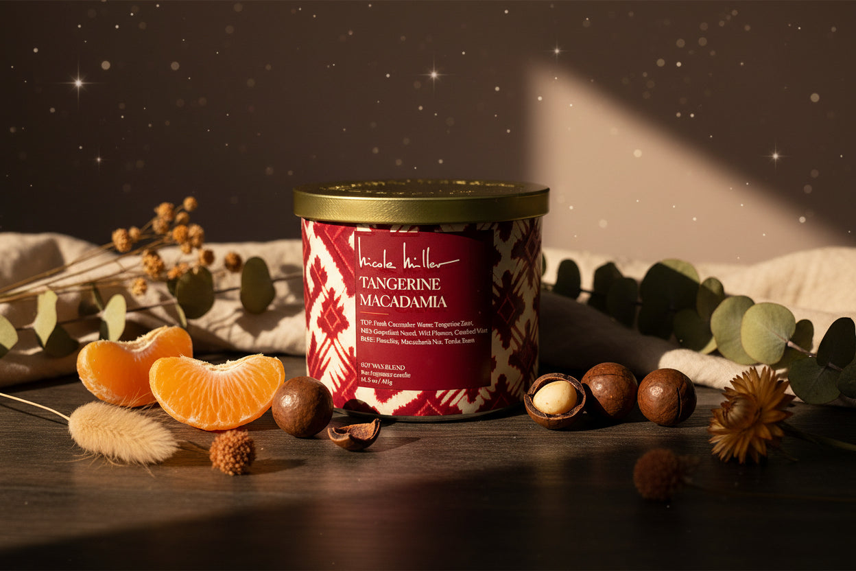 Candle with a red label and gold lid on a white background