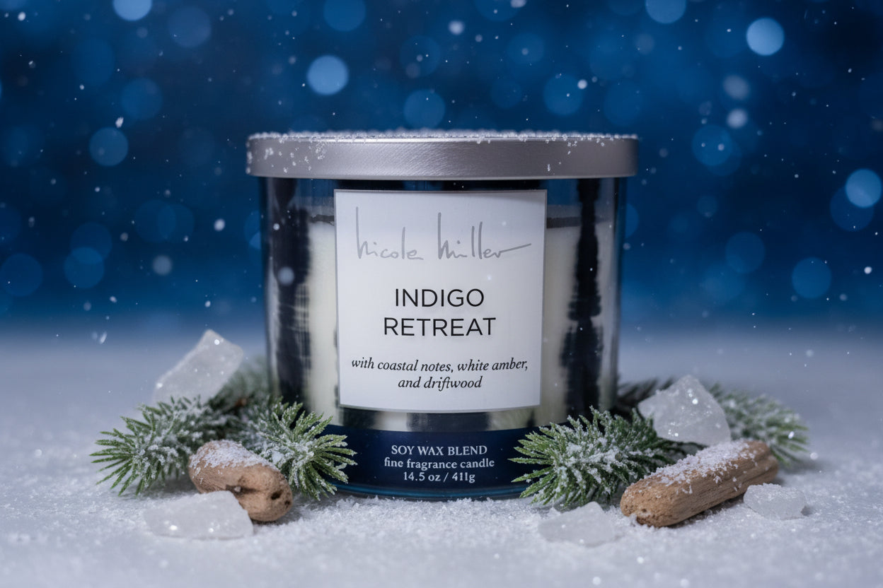 3 wick Candle with a label on a beige background