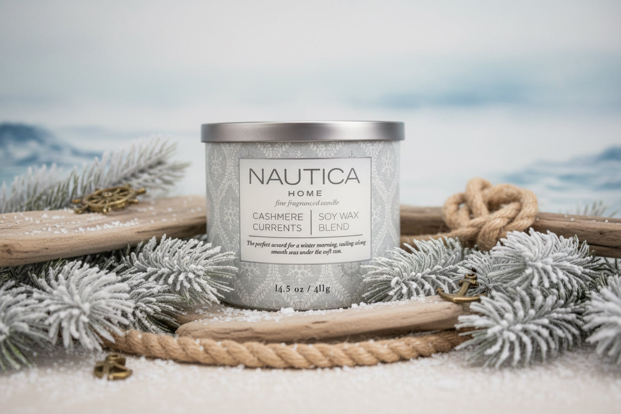 Nautica Home candle with cashmere currents scent on a beige background