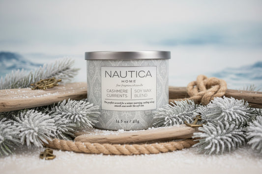 Nautica Home candle with cashmere currents scent on a beige background