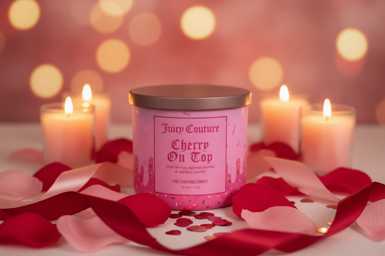 Pink candle jar with 'Juicy Couture Cherry On Top' label on a white background