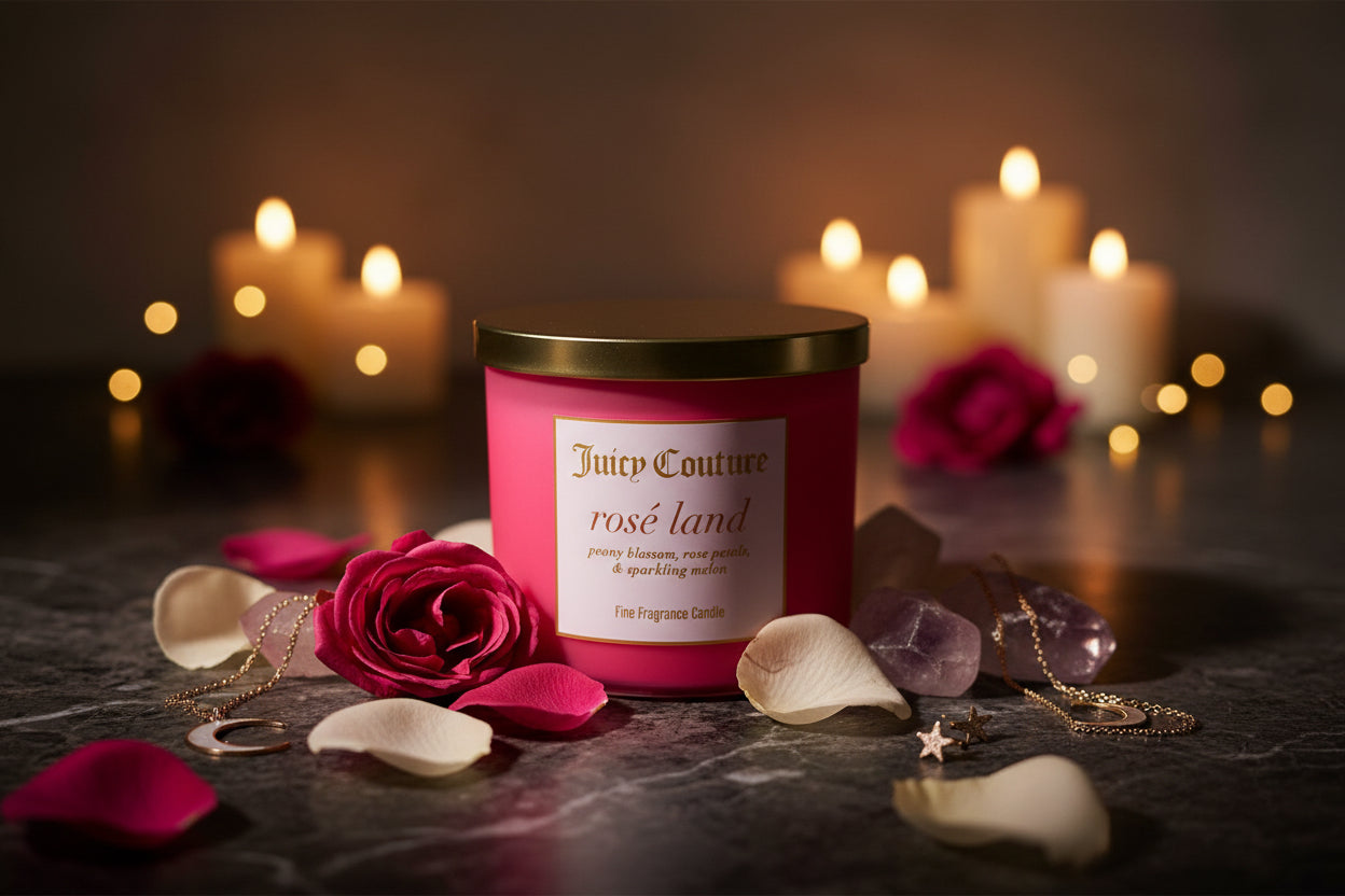 Pink 3-wick candle with a gold lid labeled 'Juicy Couture rosé land' on a white background
