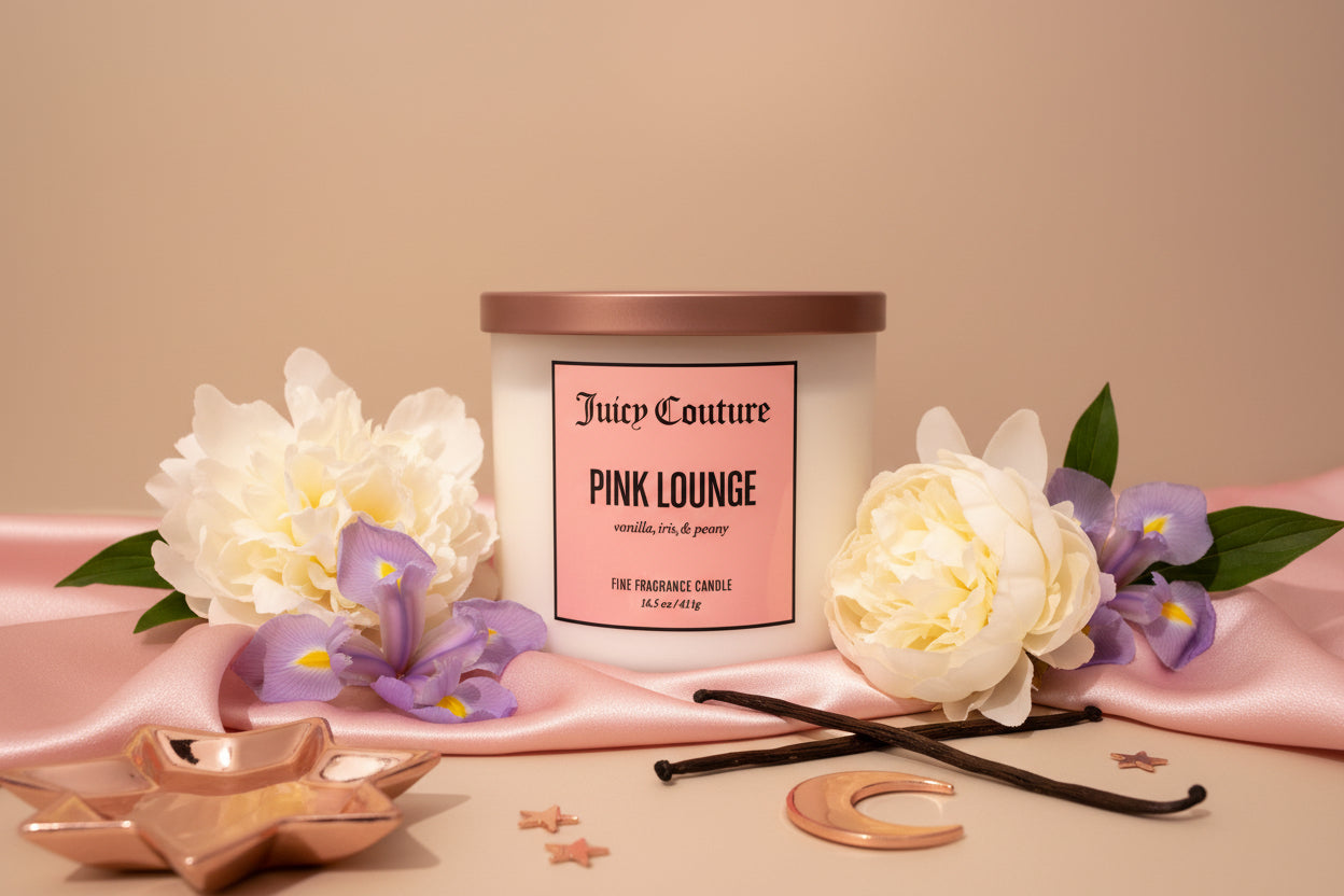 Candle with floral background vanilla Iris and peony three wick candle