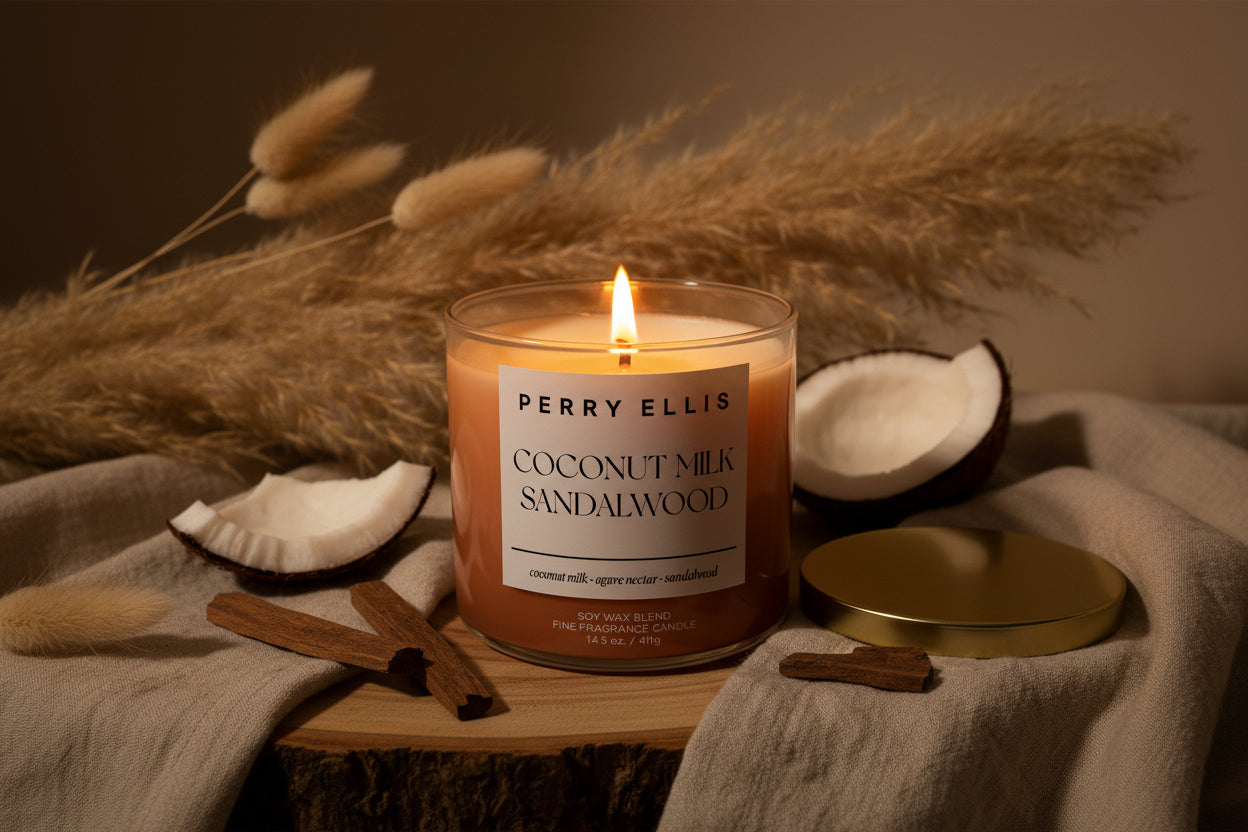 Perry Ellis coconut milk sandalwood candle on a wooden tray with coconuts and cinnamon sticks.