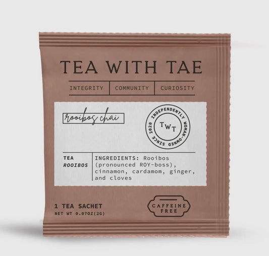 Tea package with 'Tea with Tae' branding on a white background