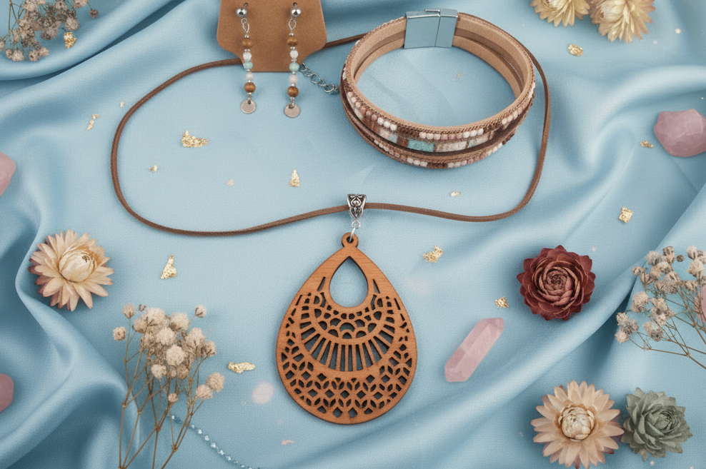 Jewelry set including a wooden pendant, necklace, bracelet, and earrings on a blue fabric background with flowers and stones.