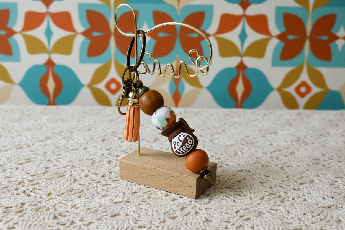 Decorative coffee pot head keychain on a wooden stand with a colorful patterned background