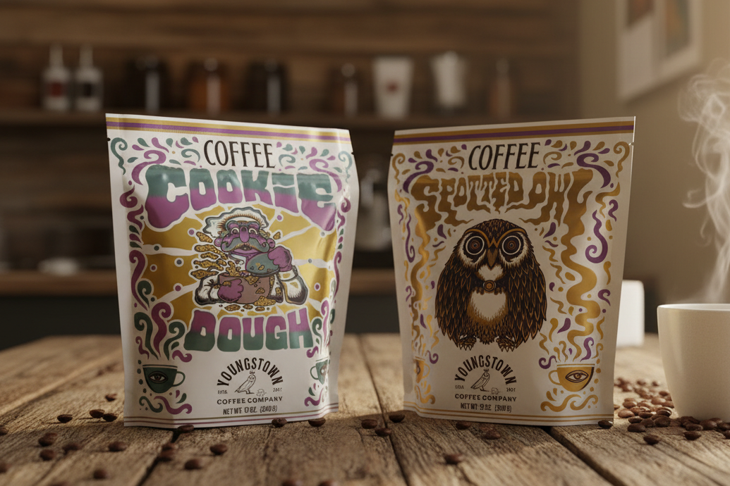 Two coffee packages on a wooden table with a steaming cup and coffee beans.
