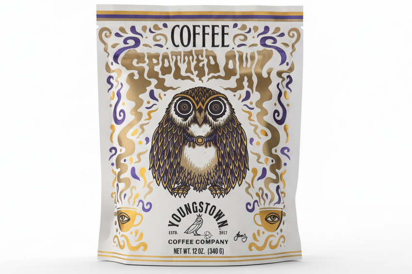 Spotted Owl Coffee bag with owl design and 'Youngstown Coffee Company' branding on a white background