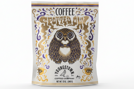 Spotted Owl Coffee bag with owl design and 'Youngstown Coffee Company' branding on a white background
