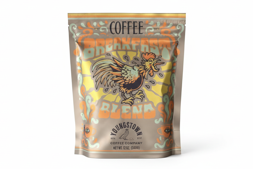 Coffee bag with rooster design and 'Youngstown Coffee Company' branding on a white background