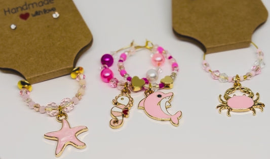 Sale! Pretty in Pink - Seahorse, Starfish, Dolphin & Crab Wine Glass Charm Set of 4 • Shipping Included!