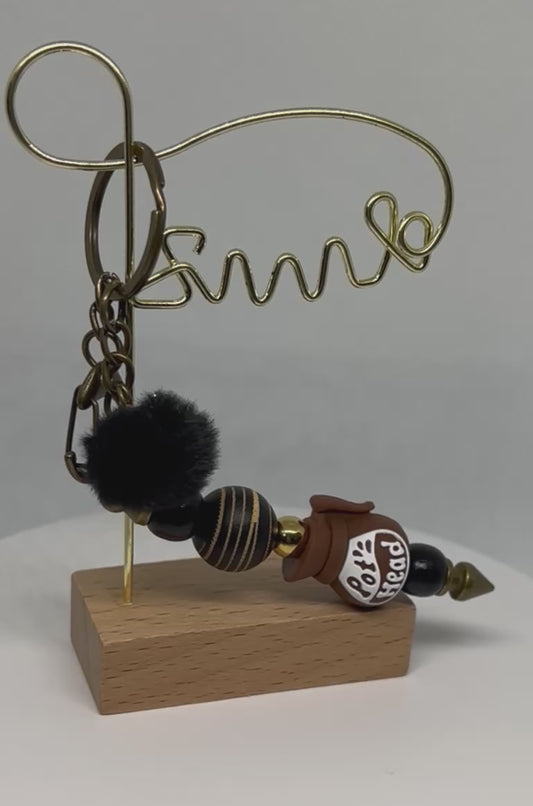 Pot Head Bag Charm / Keychain - Wood, Antique Bronze & Gold