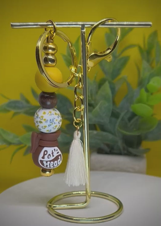 Pot Head Bag Charm / Keychain - White Tassel & Mustard Yellow Floral